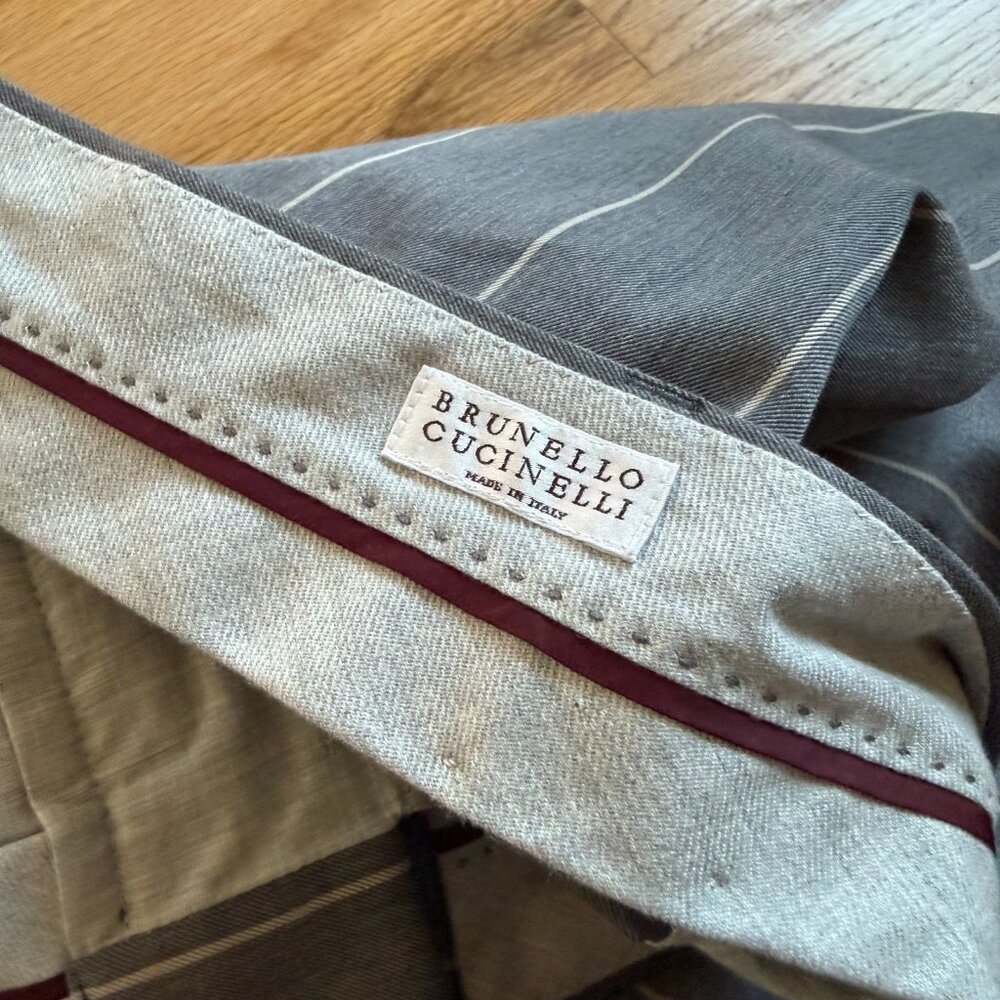 Brunello Cucinelli Pleated Chalk Stripe Wool & Cotton Trousers Size 36/36 - Picture 10 of 13